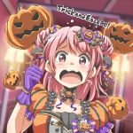  bang_dream! bangs black_neckwear bow bowtie candy candy_earrings candy_hair_ornament clenched_hand double_bun english flying_sweatdrops food food_themed_hair_ornament frilled_sleeves frills ghost gloves hair_bow hair_ornament hair_ribbon halloween head_wings indoors jack-o'-lantern lollipop maruyama_aya medium_hair orange_ribbon pink_eyes pink_hair polka_dot_neckwear puffy_sleeves purple_gloves purple_ribbon riai_(onsen) ribbon scared solo tears upper_body wavy_mouth 