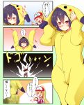  absurdres arms_up baseball_cap blush comic commentary_request cosplay eyes_visible_through_hair hair_over_one_eye hat highres lightning mizuno_ai multiple_girls nikaidou_saki pikachu pikachu_(cosplay) pokemon ponytail sky speech_bubble spoilers suzune_kou thumbs_up translated zombie_land_saga 