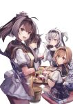  ahoge akizuki_(kantai_collection) apron black_bodysuit black_hair black_sailor_collar black_skirt blowing bodysuit bowl braid brown_hair chopsticks chou-10cm-hou-chan chou-10cm-hou-chan_(suzutsuki's) chou-10cm-hou-chan_(teruzuki's) clothes_writing commentary_request corset eating food gloves grey_eyes hachimaki hair_between_eyes hair_flaps hair_ornament hatsuzuki_(kantai_collection) headband holding holding_bowl holding_chopsticks kantai_collection kneehighs light_brown_hair long_hair looking_at_viewer multiple_girls namaashi_(user_fuga4235) neckerchief one_side_up onigiri pantyhose pleated_skirt ponytail propeller_hair_ornament purple_eyes rice rice_bowl sailor_collar school_uniform serafuku short_hair silver_hair simple_background sitting skirt suzutsuki_(kantai_collection) table teruzuki_(kantai_collection) twin_braids two-tone_gloves white_background white_bodysuit white_neckwear white_serafuku white_skirt yellow_eyes 