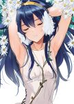  armpits arms_behind_head arms_up bangs bare_arms blue_hair closed_eyes clothing_request collarbone cross-laced_clothes daisy facing_viewer fire_emblem flower hair_between_eyes hand_in_hair hands_in_hair highres long_hair lucina ormille parted_lips sketch sleeveless solo tiara upper_body white_background 