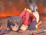  ass bangs bare_shoulders belt black_belt black_gloves boots brown_footwear burnt covering covering_ass dress embers eyebrows_visible_through_hair fingerless_gloves fire gloves hat kono_subarashii_sekai_ni_shukufuku_wo! long_sleeves lying megumin molten_rock on_stomach open_mouth panties red_dress red_eyes short_hair_with_long_locks single_thighhigh smoke staff tears thighhighs top-down_bottom-up uchiko_onigiri underwear wavy_mouth white_panties witch_hat 