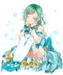  1girl ankle_bow ankle_ribbon ankle_strap aqua_bow aqua_dress aqua_footwear aqua_hair aqua_legwear bang_dream! bangs bow chin_rest commentary_request detached_sleeves dress eyes_closed frilled_dress frilled_sleeves frills full_body green_hair hair_bow hair_ribbon high_heels hikawa_hina ito22oji knees_up ribbon short_hair short_sleeves side_braids sitting smile solo star starry_background swept_bangs thighhighs u_u white_ribbon yellow_bow 