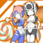  2girls andriod ass blush bone boned_meat breasts candy character_request closed_mouth copyright_request female food from_behind gomapurin green_eyes green_sclera hand_up holding light_blush lollipop meat medium_breasts multiple_girls no_humans orange_outline pink_hair short_hair 