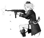  boots eyebrows_visible_through_hair firing german_clothes girls_frontline gloves greyscale gun hat knee_boots military military_uniform monochrome mp40 mp40_(girls_frontline) necktie osu5i saber_(weapon) shell_casing short_hair solo squatting submachine_gun sword thigh_strap uniform weapon 