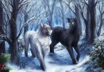  2017 amber_eyes aurru black_fur day digital_media_(artwork) duo feral forest fur mammal outside standing tree white_fur 