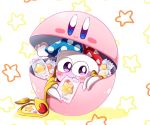  blush candy candy_wrapper capsule claws commentary_request fang food food_in_mouth hallons_kabo hat heart highres jester_cap kirby kirby_(series) looking_at_viewer marx no_humans purple_eyes shadow smile solo star wings yellow_wings 