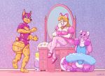  2017 animate_inanimate anthro canine cat clothing diaper diapercritter doberman dog feline female girly group hakusei_(artist) inside living_inflatable mammal mirror tutu vanity what 