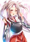  :d alternate_hairstyle blush commentary_request eyebrows_visible_through_hair flat_chest hair_between_eyes hands_up head_tilt heart juurouta kantai_collection light_brown_eyes long_hair long_sleeves looking_at_viewer open_mouth pattern_request pink_background remodel_(kantai_collection) silver_hair smile solo twintails twitter_username upper_body wide_sleeves zuihou_(kantai_collection) 