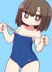  bangs blue_background blue_swimsuit blush brown_eyes brown_hair closed_mouth collarbone commentary_request competition_school_swimsuit eyebrows_visible_through_hair hair_between_eyes hands_up kitanaga long_hair naga_u one-piece_swimsuit pulled_by_self simple_background smile solo strap_pull swimsuit ueno-san_wa_bukiyou 