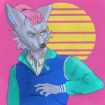 anthro bust_portrait canine clothed clothing fan_character fur grey_fur hair hair_bun icon jacket kilo male mammal pink_background portrait simple_background solo spoongoon wolf 