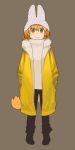  beanie blonde_hair brown_background coat full_body fur_collar hands_in_pockets hat hat_with_ears highres kasa_list kemono_friends long_coat looking_at_viewer ribbed_sweater serval_(kemono_friends) serval_tail short_hair simple_background smile sweater tail turtleneck turtleneck_sweater white_sweater winter_clothes work_in_progress yellow_coat yellow_eyes 
