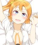  10s 1girl between_breasts blue_eyes blush bow breasts eyebrows_visible_through_hair feitonokesin glowstick hair_bow kousaka_honoka looking_at_viewer love_live! love_live!_school_idol_project lying medium_breasts medium_hair no_bra on_back open_clothes open_mouth orange_hair side_ponytail solo tied_hair upper_body 