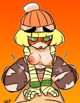  1boy 1girl arms_(game) bangs beanie blonde_hair breasts chinese commission cowgirl_position food green_eyes hat hetero jellot jewelry leggings mask min_min_(arms) nintendo nipples noodles pussy short_hair straddling thighs topless vaginal wet 
