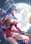  1girl absurdres airysher artemis_(fate/grand_order) blue_eyes breasts cleavage commentary_request dress elbow_gloves fate/grand_order fate_(series) full_moon gloves highres hoop large_breasts long_hair looking_away moon navel night night_sky red_dress red_gloves revealing_clothes short_dress sideboob silver_hair sitting sky solo very_long_hair 