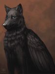  2017 aurru black_feathers blue_eyes canine digital_media_(artwork) feathered_wings feathers feral hybrid mammal simple_background sitting solo wings 