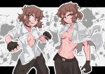  belt breasts brown_eyes brown_hair brown_pants bruise choker clenched_hands closed_mouth commentary_request cowboy_shot fighting_stance fingerless_gloves gloves hair_ornament injury medium_breasts multiple_girls navel open_clothes open_shirt pants senki_zesshou_symphogear shirt shirt_on_shoulders short_hair sidelocks sleeves_rolled_up splatter_print standing tachibana_hibiki_(symphogear) vegs white_background white_shirt 