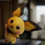  2018 3d_(artwork) ambiguous_gender black_fur black_lips blurred_background digital_media_(artwork) djthed fluffy fur hi_res nintendo open_mouth open_smile patreon pichu pink_cheeks pok&eacute;mon pok&eacute;mon_(species) realistic smile solo url video_games yellow_fur 