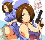  arm_up ass blue_dress blue_eyes blue_hat bra breasts brown_eyes brown_hair collarbone commentary_request double-breasted dress eyebrows_visible_through_hair eyes_visible_through_hair garter_straps gun hair_over_one_eye handgun hat heterochromia holding holding_gun holding_weapon looking_at_viewer lying medium_breasts multiple_views nurse nurse_cap on_side open_clothes open_mouth original panties pistol puffy_sleeves purple_bra purple_panties short_sleeves skirt smile teeth thighhighs thighs underwear weapon white_legwear yuya 