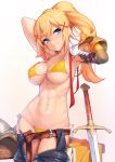  abs absurdres armor_removed armpits arms_up ataruman belt bikini blonde_hair blue_eyes braid breasts closed_mouth commentary_request crown_braid darkness_(konosuba) elbow_gloves gloves gradient gradient_background hair_ornament head_tilt highres kono_subarashii_sekai_ni_shukufuku_wo! large_breasts long_hair navel ponytail shiny shiny_skin side-tie_bikini simple_background single_elbow_glove single_pauldron smile solo strap_gap string_bikini sweat swimsuit sword thighhighs weapon x_hair_ornament yellow_bikini 