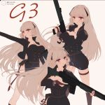  absurdres artist_name bangs battle_rifle black_dress blonde_hair blush breasts character_name cleavage commentary_request cross dress eyebrows_visible_through_hair g3_(girls_frontline) girls_frontline gun h&amp;k_g3 hair_between_eyes hair_ornament highres holding jewelry long_hair medium_breasts muike multiple_views pouch purple_eyes ribbon rifle side_cutout solo very_long_hair weapon 