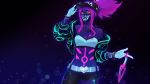  akali baseball_cap bracelet breasts choker cleavage hat highres idol jacket jewelry k/da_(league_of_legends) k/da_akali kezi league_of_legends looking_at_viewer makeup mask midriff navel ponytail purple_hair solo ultraviolet_light yellow_eyes 