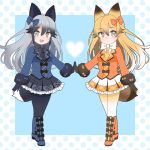  :d adapted_costume animal_ears black_gloves black_legwear black_neckwear blonde_hair blue_bow blue_coat boots bow bow_footwear commentary crossed_legs extra_ears eyebrows_visible_through_hair eyes_visible_through_hair ezo_red_fox_(kemono_friends) fang fox_ears fox_tail frilled_skirt frills full_body fur-trimmed_sleeves fur_trim gloves gradient_hair grey_hair hair_between_eyes hair_bow hands_together heart kemono_friends knee_boots long_hair long_sleeves looking_at_viewer multicolored_hair multiple_girls necktie open_mouth orange_bow orange_coat orange_neckwear pantyhose silver_fox_(kemono_friends) simple_background skirt smile tail white_neckwear yellow_eyes yellow_legwear yukiko_haotome 