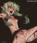  belt black_background black_bow blood blush bow breasts commentary_request crying crying_with_eyes_open dated elf ginko_(silver_fox) goblin_slayer! green_eyes green_hair hair_bow high_elf_archer_(goblin_slayer!) imminent_rape navel nipples nude one_eye_closed open_mouth peeing pointy_ears pussy saliva sidelocks simple_background small_breasts solo tears torn_clothes watermark web_address 
