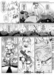  bowsette bracelet breasts collar comic commentary emphasis_lines english glint greyscale highres horns jewelry left-to-right_manga lightning looking_back mario_(series) monochrome new_super_mario_bros._u_deluxe pencils_(artist) robot running sharp_teeth smoke spiked_collar spiked_shell spikes super_crown sweatdrop tail teeth torn_clothes wreckage 