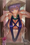  adapted_costume backlighting bad_reflection bangs bathroom bead_necklace beads breasts brown_hair check_commentary cleavage commentary_request cup error gradient_hair groin hair_ornament hat highres hijiri_byakuren jewelry large_breasts lavender_eyes lavender_hair long_hair looking_at_viewer mirror multicolored_hair necklace partially_undressed purple_swimsuit reflection shounen_(hogehoge) slingshot_swimsuit solo swimsuit toothbrush touhou 