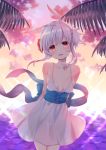  :d animal_ears arms_behind_back beach breasts bunny_ears cleavage cloud dj_max dress flower hair_flower hair_ornament looking_at_viewer okanoyuno open_mouth palm_tree red_eyes sidelocks small_breasts smile solo standing suee sunset tree water white_dress white_hair 
