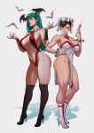  2girls armpits artist_name bat black_footwear blood bloody_clothes boots bracelet breasts brown_eyes brown_hair bun_cover capcom chun-li cleavage closed_mouth company_connection cosplay crossover dandon_fuga demon_girl detached_collar double_bun earrings erect_nipples full_body green_eyes green_hair groin halloween hand_on_hip hat head_wings highres jewelry large_breasts legs leotard long_hair makeup morrigan_aensland multiple_girls navel nurse nurse_cap outstretched_arms pinup shadow simple_background spiked_bracelet spikes standing strapless street_fighter stud_earrings succubus syringe thick_thighs thigh_boots thighhighs thighs toned vampire_(game) vampirella vampirella_(character) vampirella_(character)_(cosplay) white_background white_footwear 