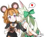  2girls animal_ears anthropomorphism art556_(girls_frontline) blush bow choker flat_chest food girls_frontline gloves grizzly_mkv_(girls_frontline) heart loli long_hair orange_eyes pelican_(s030) purple_eyes short_hair skirt white yuri 