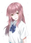  bangs blue_bow blush bow bowtie brown_eyes collared_shirt commentary_request highres koe_no_katachi long_hair looking_at_viewer mitsugu nishimiya_shouko nose_blush pink_hair shirt short_sleeves simple_background solo upper_body white_background white_shirt wing_collar 