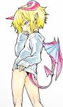  1girl ass blonde_hair blue_eyes colored_pencil_(medium) demon_girl demon_horns demon_tail demon_wings female from_behind horns looking_back mi-e original pointy_ears short_hair sleeves_past_wrists solo tail traditional_media wings 
