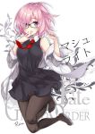  artist_name black-framed_eyewear black_dress black_legwear blush clothes_down copyright_name dress eyebrows_visible_through_hair fate/grand_order fate_(series) glasses hair_between_eyes jacket looking_at_viewer mash_kyrielight necktie open_clothes open_jacket open_mouth pantyhose pink_hair purple_eyes red_neckwear reina_(black_spider) shiny shiny_hair short_dress short_hair sleeveless sleeveless_dress solo white_background white_jacket 