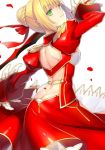  backless_dress backless_outfit bangs blonde_hair braided_bun breasts butt_crack dress eyebrows_visible_through_hair fate/extra fate_(series) from_behind green_eyes holding holding_sword holding_weapon kagachi_saku long_sleeves medium_breasts nero_claudius_(fate) nero_claudius_(fate)_(all) petals red_dress short_hair sideboob smile solo sword weapon white_background 