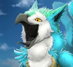  ambiguous_gender avian blue_fur cloud coulias feral fur gaping_mouth green_fur gryphon looking_at_viewer mouth_shot neck_bulge saliva solo themirth throat tongue tongue_out white_fur yellow_eyes 