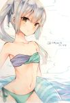  bikini brown_eyes collarbone grey_hair highres innertube kantai_collection kasumi_(kantai_collection) long_hair looking_at_viewer multicolored multicolored_bikini multicolored_clothes navel ocean raymie0124 side-tie_bikini side_ponytail smile solo strapless strapless_bikini swimsuit twitter_username white_background 