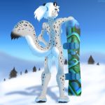  anus blue_eyes breasts butt detailed_background feline female fluffy fluffy_tail fur grey_fur hair hi_res leopard looking_at_viewer looking_back mammal nude outside pink_nose plantigrade pussy ruth66 sky smile snow snow_leopard snowboard solo spots spotted_fur tree white_fur white_hair winter 