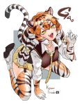  animal_ears animal_print arm_support bangs black_hair bow collarbone collared_shirt commentary copyright_name eyebrows_visible_through_hair fang full_body gao garter_straps gloves hair_bow hand_up highres japari_symbol kemono_friends kneeling long_hair looking_at_viewer low-tied_long_hair mabbakmoe miniskirt multicolored_hair necktie onomatopoeia open_mouth orange_hair outstretched_arm plaid plaid_bow plaid_neckwear plaid_skirt print_gloves print_legwear shirt shoe_soles shoes siberian_tiger_(kemono_friends) sidelocks skirt smile solo spread_legs striped striped_tail sweater_vest tail thighhighs tiger_ears tiger_tail twintails upper_teeth white_hair yellow_eyes zettai_ryouiki 