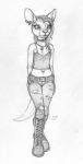  2018 anthro boots breasts clothed clothing collar ear_piercing ecmajor eyebrow_piercing facial_piercing female footwear gauged_ear greyscale hair hands_behind_back kangaroo mammal marsupial midriff monochrome pants piercing simple_background sketch small_breasts solo standing torn_clothing white_background 