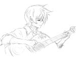  character_request closed_mouth collared_shirt commentary_request copyright_request greyscale guitar holding holding_instrument instrument lineart long_sleeves mitsugu monochrome music playing_instrument profile shirt short_hair simple_background smile solo white_background 