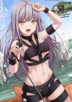  1girl aircraft armband bang_dream! bangs blurry breasts cameraman choker collarbone covered_nipples day depth_of_field eyebrows_visible_through_hair grey_hair hand_over_face helicopter highres hot_limit long_hair microphone minato_yukina narafume navel open_mouth revealing_clothes sky solo_focus splashing stage t.m.revolution toned underboob water wristband yellow_eyes 