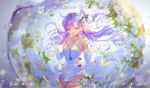  2018 ahoge anchor azur_lane bangs bare_shoulders blurry breasts bubble closed_eyes collarbone commentary_request criss-cross_halter depth_of_field dress elbow_gloves floating_hair flower gloves halterneck hands_up highres in_bowl in_container long_hair one_side_up parted_lips pcw plant purple_hair side_cutout sleeveless sleeveless_dress small_breasts solo unicorn_(azur_lane) very_long_hair water white_dress white_flower white_gloves 