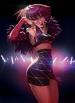 armpits backlighting breasts claw_(weapon) commentary detached_sleeves english_commentary evelynn eyeshadow feather_boa glasses hair_over_shoulder high-waist_skirt idol k/da_(league_of_legends) k/da_evelynn league_of_legends lipstick looking_at_viewer makeup mike_nesbitt miniskirt pince-nez pink-tinted_eyewear purple_hair purple_lipstick skirt slender_waist slit_pupils small_breasts solo tinted_eyewear weapon yellow_eyes 