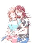  ahoge bang_dream! bangs black_shirt blue_eyes blue_shirt blush denim green_eyes jeans long_hair low_twintails medium_hair multiple_girls navel pants pink_hair pink_shorts re_ghotion red_hair shirt short_sleeves shorts simple_background stomach sweatdrop twintails udagawa_tomoe uehara_himari undressing_another white_background yuri 