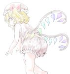  bare_arms bare_shoulders blonde_hair bloomers bow commentary_request crystal flandre_scarlet hair_bow hat looking_at_viewer looking_back mob_cap nibi one_side_up parted_lips red_bow shirt sleeveless sleeveless_shirt solo standing standing_on_one_leg touhou underwear white_bloomers white_hat white_shirt wings 