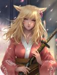  absurdres animal_ears blonde_hair blurry blurry_background cat_ears chuby_mi closed_mouth commission day facial_mark final_fantasy final_fantasy_xiv flower hair_flower hair_ornament highres holding holding_weapon japanese_clothes katana kimono lips long_hair looking_at_viewer miqo'te petals slit_pupils solo sword upper_body weapon wind yellow_eyes yukata 