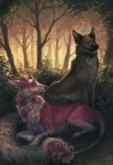  2018 aurru black_nose canine day detailed_background digital_media_(artwork) dog duo feral forest fur hooves lying mammal open_mouth outside pink_fur sitting teeth tongue tree 