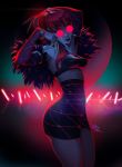  armpits backlighting breasts claw_(weapon) commentary detached_sleeves english_commentary evelynn eyeshadow feather_boa glasses hair_over_shoulder high-waist_skirt idol k/da_(league_of_legends) k/da_evelynn league_of_legends lipstick looking_at_viewer makeup mike_nesbitt miniskirt opaque_glasses pince-nez pink-tinted_eyewear purple_hair purple_lipstick skirt slender_waist slit_pupils small_breasts solo tinted_eyewear ultraviolet_light weapon 